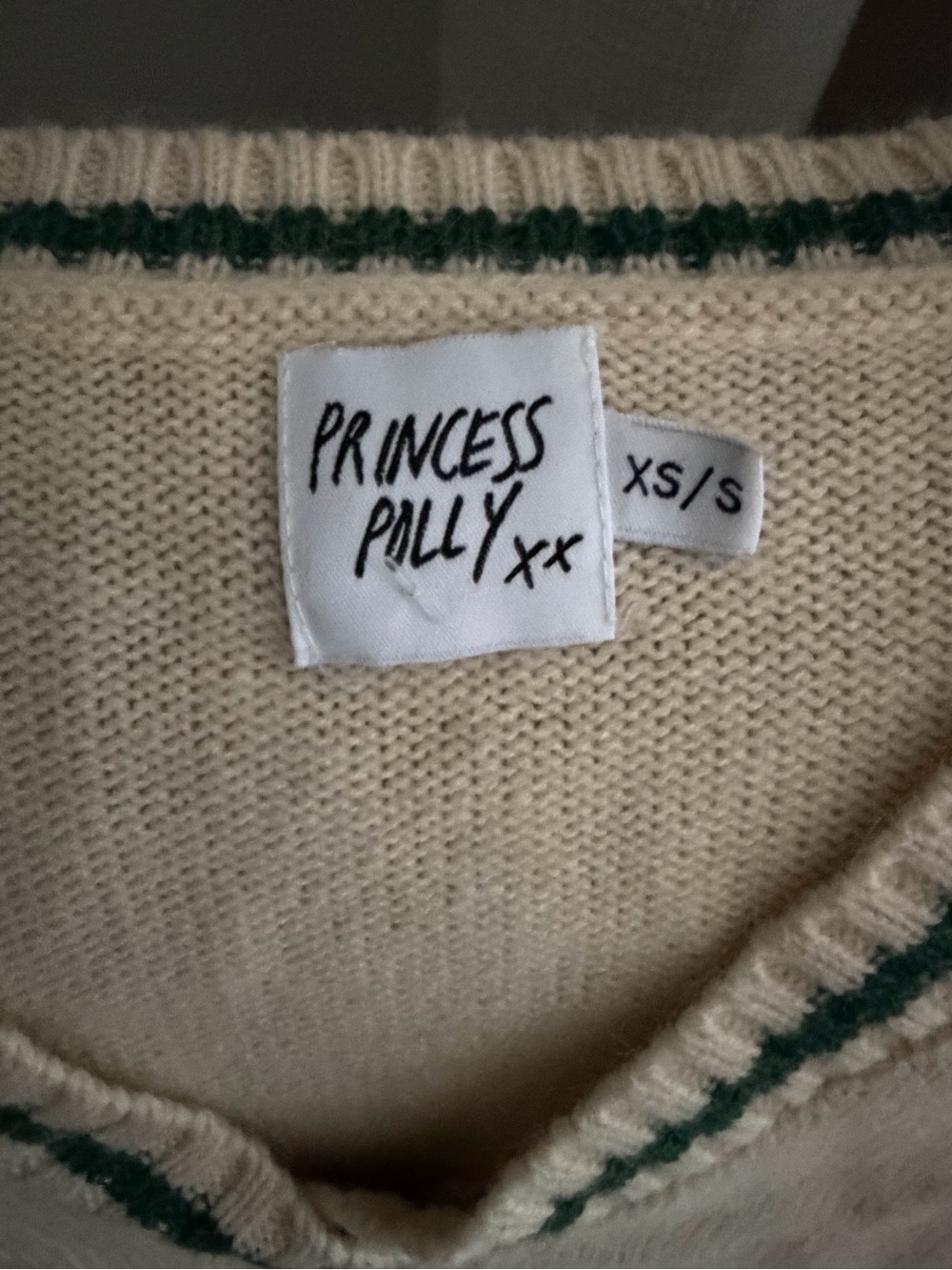 Princess Polly Cream Crew Sweater Vest with Green Trim
